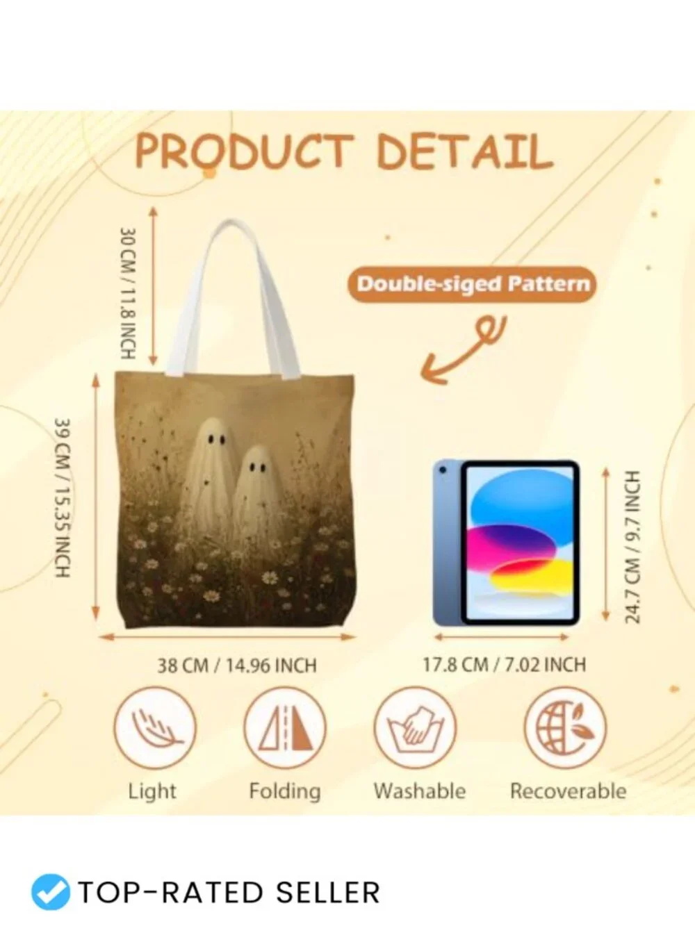Spooky Halloween Ghost Tote Bag, Foldable & Lightweight